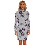 Elegant Purple Floral Jacquard Mesh Lace Fabric Long Sleeve Shirt Collar Bodycon Dress