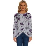 Elegant Purple Floral Jacquard Mesh Lace Fabric Long Sleeve Crew Neck Pullover Top