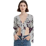 Elegant Purple Floral Jacquard Mesh Lace Fabric Trumpet Sleeve Cropped Top