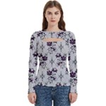 Elegant Purple Floral Jacquard Mesh Lace Fabric Women s Cut Out Long Sleeve T-Shirt