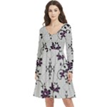 Elegant Purple Floral Jacquard Mesh Lace Fabric Long Sleeve V-neck skater dress with Pockets