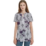 Elegant Purple Floral Jacquard Mesh Lace Fabric Women s Zip Front V-Neck Short Sleeve Casual Top Pocket Shirt