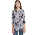 Elegant Purple Floral Jacquard Mesh Lace Fabric Women s Zip Front V-Neck 3/4 Sleeve Casual Top Pocket Shirt