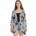 Elegant Purple Floral Jacquard Mesh Lace Fabric Open Front 3/4 Sleeve Batwing Chiffon Cardigan Kimono