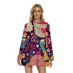 Round Neck Long Sleeve Bohemian Style Chiffon Mini Dress 