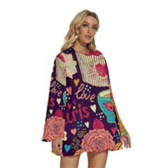 Round Neck Long Sleeve Bohemian Style Chiffon Mini Dress 