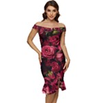 Floral Buds Of Roses Beautiful Flowers Off Shoulder Ruffle Split Hem Bodycon Dress