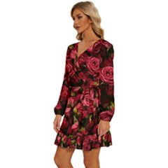 Long Sleeve Waist Tie Ruffle Velvet Dress 