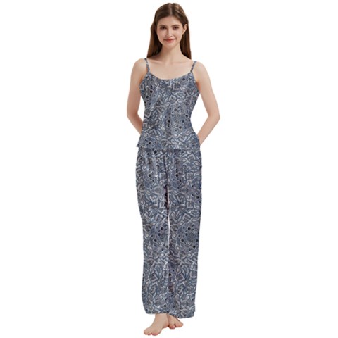 Blue Ornament Complex Mosaic Print Pattern Spaghetti Top Long Pants Satin Pajamas Set from ArtsNow.com