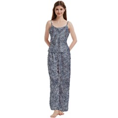 Blue Ornament Complex Mosaic Print Pattern Spaghetti Top Long Pants Satin Pajamas Set from ArtsNow.com