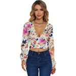 Abstract Floral Background Long Sleeve Deep-V Velour Top