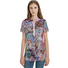 Women s Zip Front V-Neck Short Sleeve Casual Top Pocket Shirt 