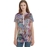 Abstract waves Women s Zip Front V-Neck Short Sleeve Casual Top Pocket Shirt