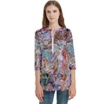 Abstract waves Women s Zip Front V-Neck 3/4 Sleeve Casual Top Pocket Shirt