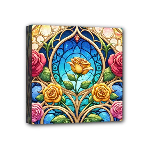 Roses Floral Stained Glass Vibrant Mini Canvas 4  x 4  (Stretched) from ArtsNow.com