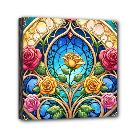 Roses Floral Stained Glass Vibrant Mini Canvas 6  x 6  (Stretched) from ArtsNow.com