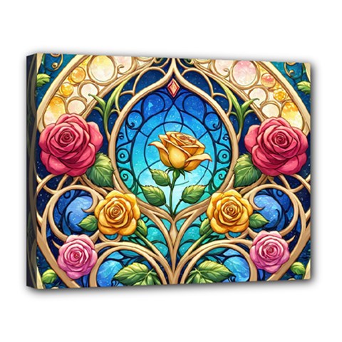 Roses Floral Stained Glass Vibrant Canvas 14  x 11  (Stretched) from ArtsNow.com