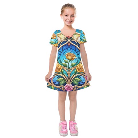 Roses Floral Stained Glass Vibrant Kids  Short Sleeve Velvet Dress from ArtsNow.com