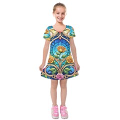 Roses Floral Stained Glass Vibrant Kids  Short Sleeve Velvet Dress from ArtsNow.com