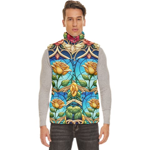 Roses Floral Stained Glass Vibrant Men s High Neck Button Up Puffer Vest from ArtsNow.com