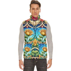 Roses Floral Stained Glass Vibrant Men s High Neck Button Up Puffer Vest from ArtsNow.com