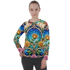 Roses Floral Stained Glass Vibrant Women s Long Sleeve Raglan T