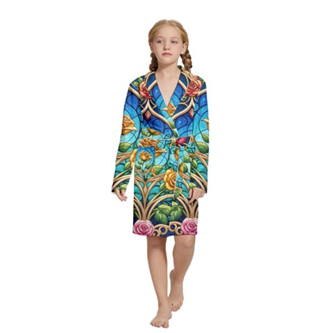 Roses Floral Stained Glass Vibrant Kids  Long Sleeve Velvet Lounge Robe from ArtsNow.com