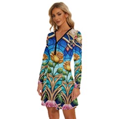 Long Sleeve Deep V Mini Dress  