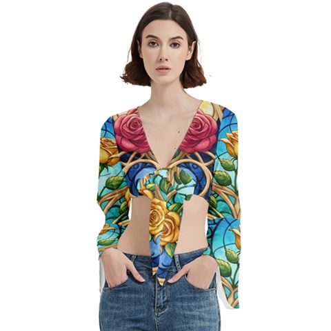 Roses Floral Stained Glass Vibrant Trumpet Sleeve Cropped Top from ArtsNow.com