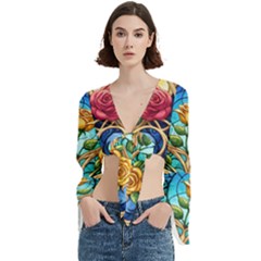 Roses Floral Stained Glass Vibrant Trumpet Sleeve Cropped Top from ArtsNow.com