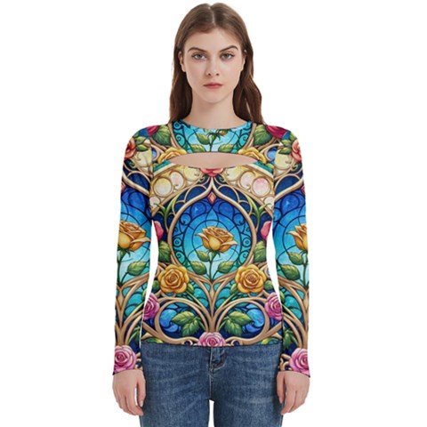 Roses Floral Stained Glass Vibrant Women s Cut Out Long Sleeve T