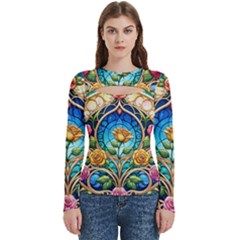 Roses Floral Stained Glass Vibrant Women s Cut Out Long Sleeve T