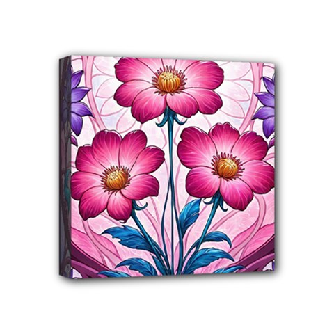 Fantasy Pink Flowers Stained Glass Mini Canvas 4  x 4  (Stretched) from ArtsNow.com