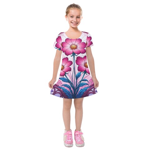 Fantasy Pink Flowers Stained Glass Kids  Short Sleeve Velvet Dress from ArtsNow.com