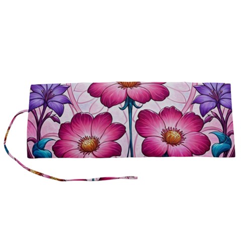 Fantasy Pink Flowers Stained Glass Roll Up Canvas Pencil Holder (S) from ArtsNow.com