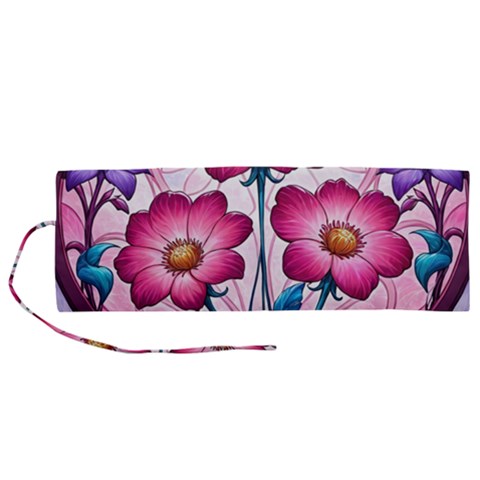 Fantasy Pink Flowers Stained Glass Roll Up Canvas Pencil Holder (M) from ArtsNow.com