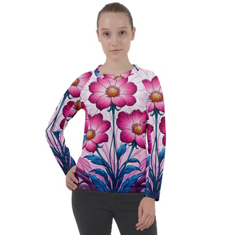 Fantasy Pink Flowers Stained Glass Women s Long Sleeve Raglan T