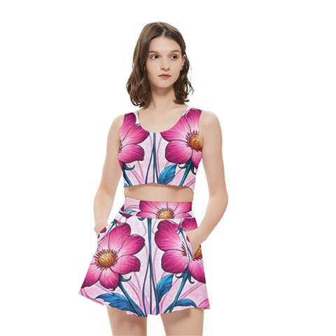 Fantasy Pink Flowers Stained Glass Women s Crop Top Pleated Skater Rave Skirt from ArtsNow.com