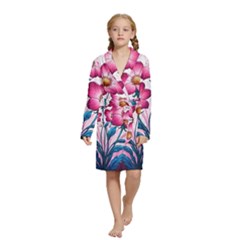 Fantasy Pink Flowers Stained Glass Kids  Long Sleeve Velvet Lounge Robe from ArtsNow.com