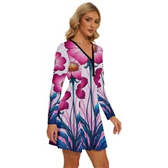 Long Sleeve Deep V Mini Dress  