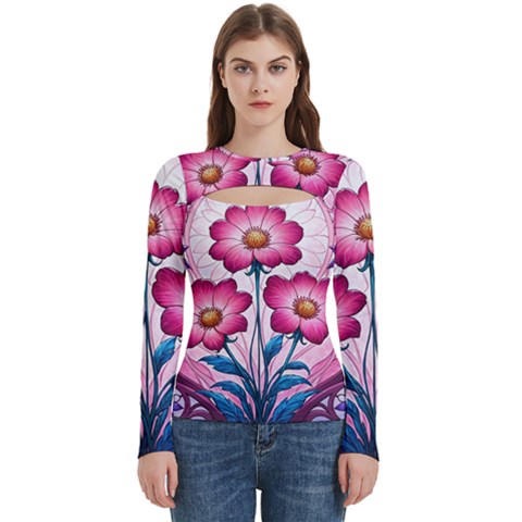 Fantasy Pink Flowers Stained Glass Women s Cut Out Long Sleeve T