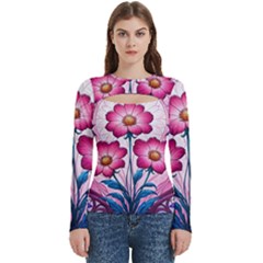 Fantasy Pink Flowers Stained Glass Women s Cut Out Long Sleeve T