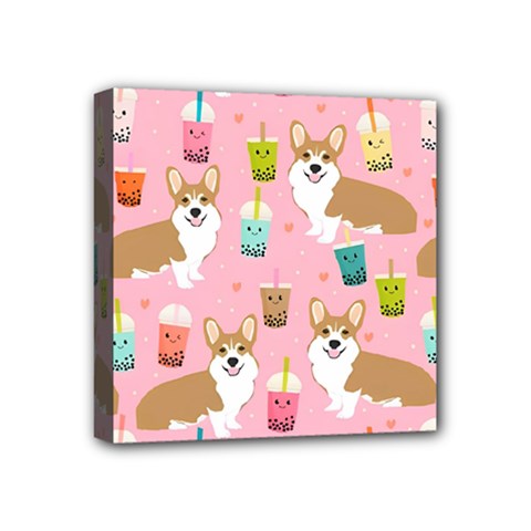 Corgi Bubble Boba Tea Pink Pattern Mini Canvas 4  x 4  (Stretched) from ArtsNow.com