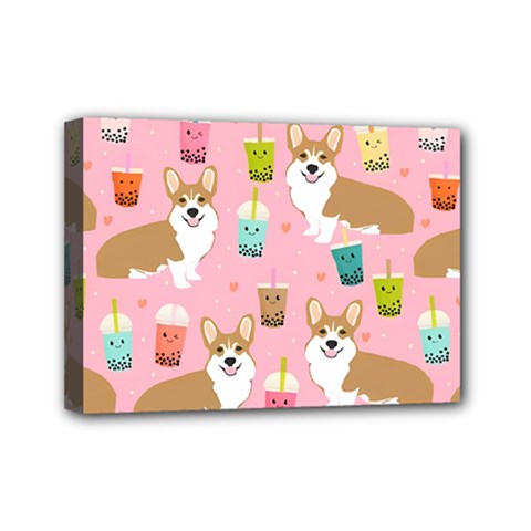 Corgi Bubble Boba Tea Pink Pattern Mini Canvas 7  x 5  (Stretched) from ArtsNow.com