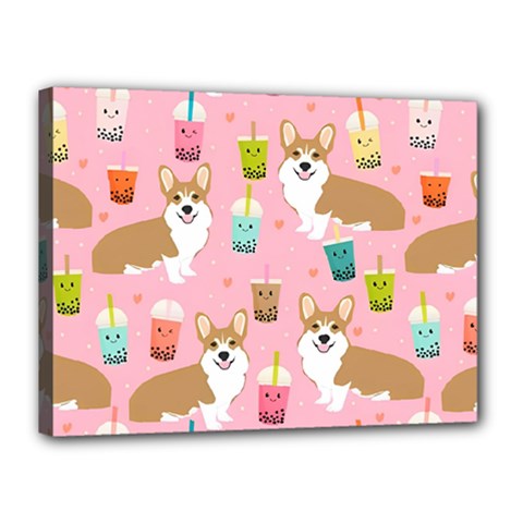 Corgi Bubble Boba Tea Pink Pattern Canvas 16  x 12  (Stretched) from ArtsNow.com