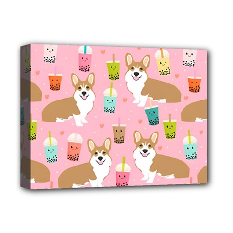 Corgi Bubble Boba Tea Pink Pattern Deluxe Canvas 16  x 12  (Stretched)  from ArtsNow.com