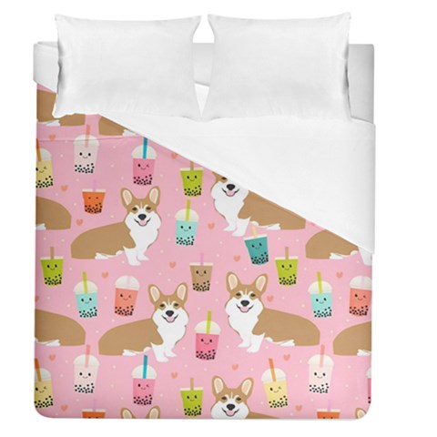 Corgi Bubble Boba Tea Pink Pattern Duvet Cover (Queen Size) from ArtsNow.com