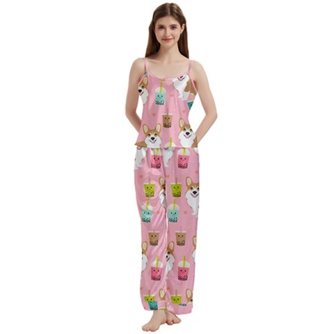 Corgi Bubble Boba Tea Pink Pattern Spaghetti Top Long Pants Satin Pajamas Set from ArtsNow.com