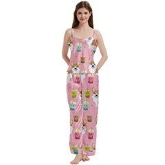 Corgi Bubble Boba Tea Pink Pattern Spaghetti Top Long Pants Satin Pajamas Set from ArtsNow.com