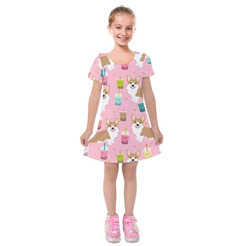 Corgi Bubble Boba Tea Pink Pattern Kids  Short Sleeve Velvet Dress from ArtsNow.com